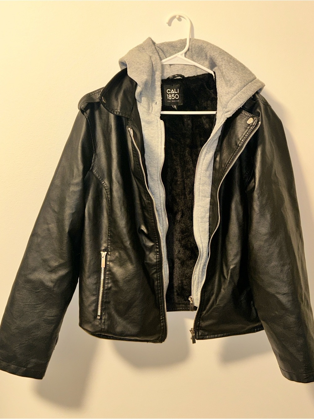 Women’s Black Faux Leather Jacket with Gray Hood